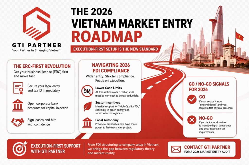 Strategic roadmap for Vietnam business setup 2026 showing ERC-First licensing steps.