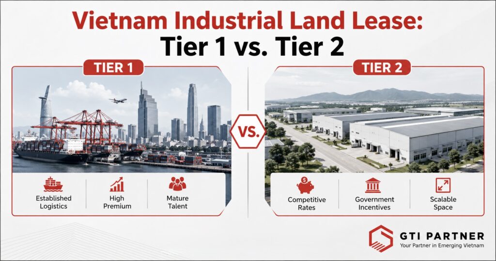 Aerial view of an industrial zone comparing land lease structures in Vietnam.