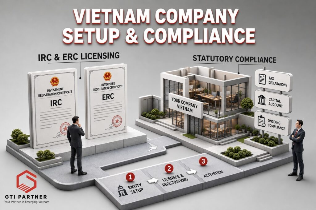 3D isometric illustration showing Vietnam company setup and compliance, including IRC and ERC licensing documents, statutory requirements, and GTI Partner branding.