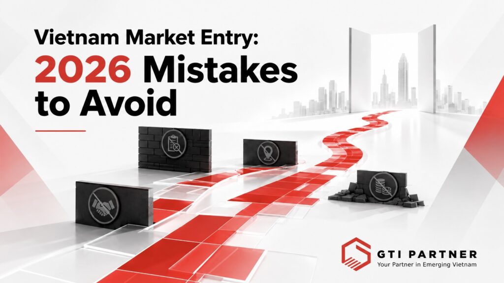GTI Partner corporate article banner for Vietnam Market Entry Strategy: 2026 Mistakes to Avoid featuring the company logo and a strategic navigation theme.